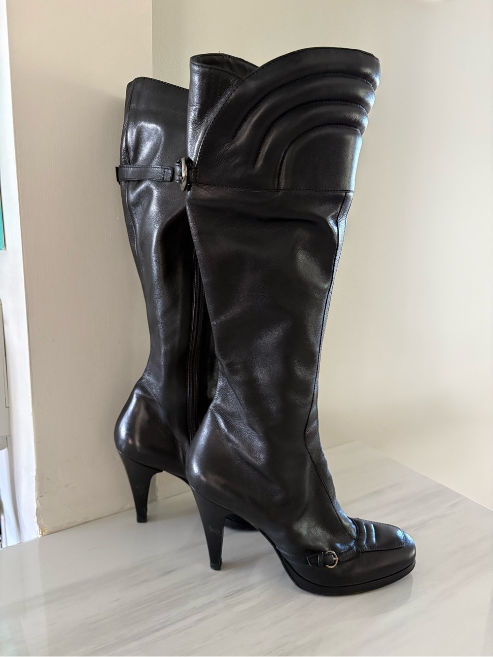 Bruno Magli Black Leather Knee-High Heeled Boots
